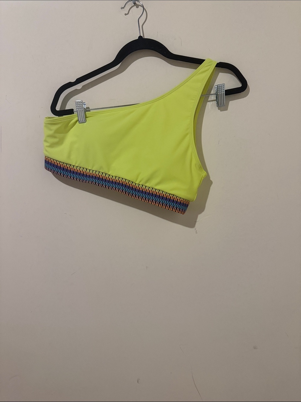 Neon Yellow One-Shoulder Bikini Top and bottom with Multicolor Trim Size Large
